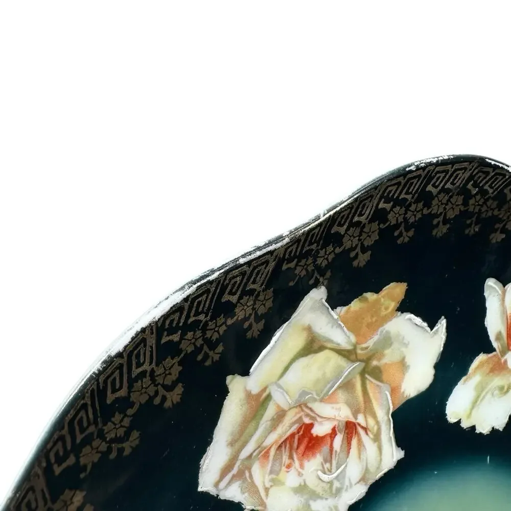 Vintage Mignon Z.S. Bavaria Plate Floral Roses Green Black‎ Gold Handled Serving